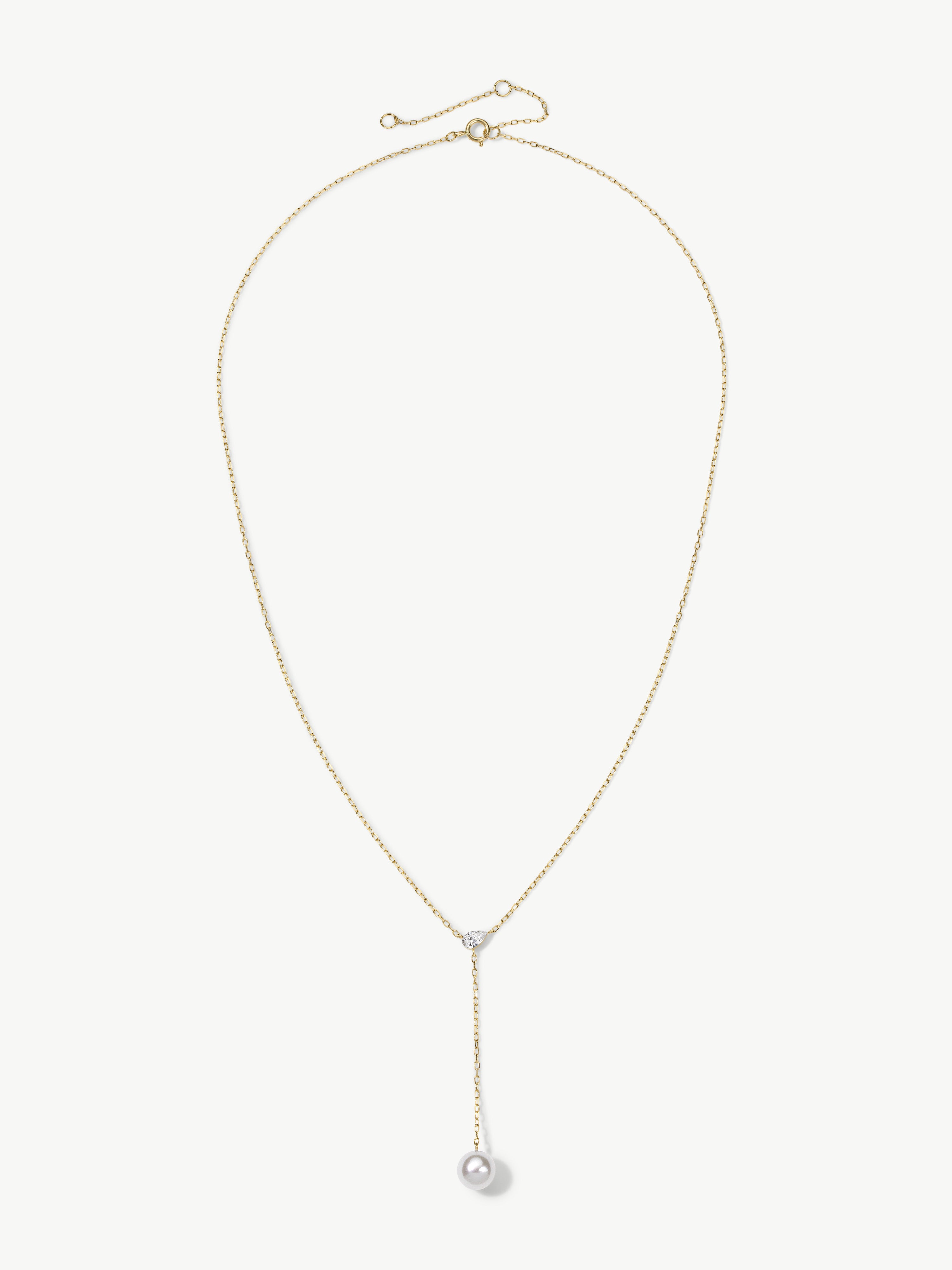 Pear & Pearl 14K gold diamond and pearl lariat necklace