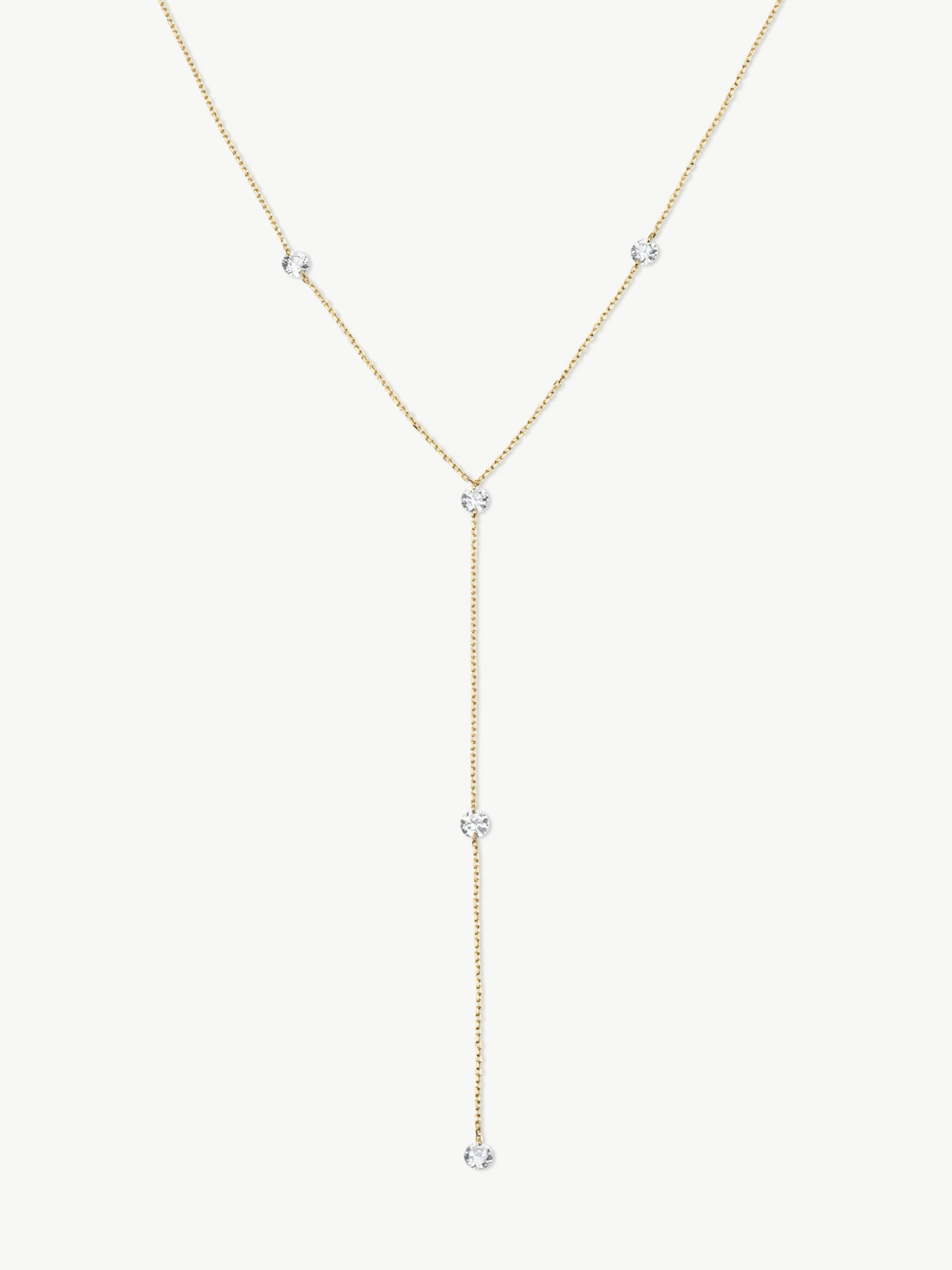 The Plus One 14K solid gold diamond lariat necklace with five floating diamonds